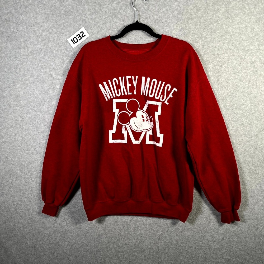 Disney Mickey Mouse Sweatshirt Mens Medium Red Graphic Print Cartoon Crewneck